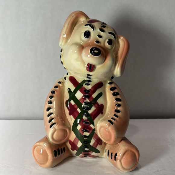 Vintage Patchwork Dog Figurine Hand Painted Ceramic 1950s 1960s Folk Art - Picture 1 of 14